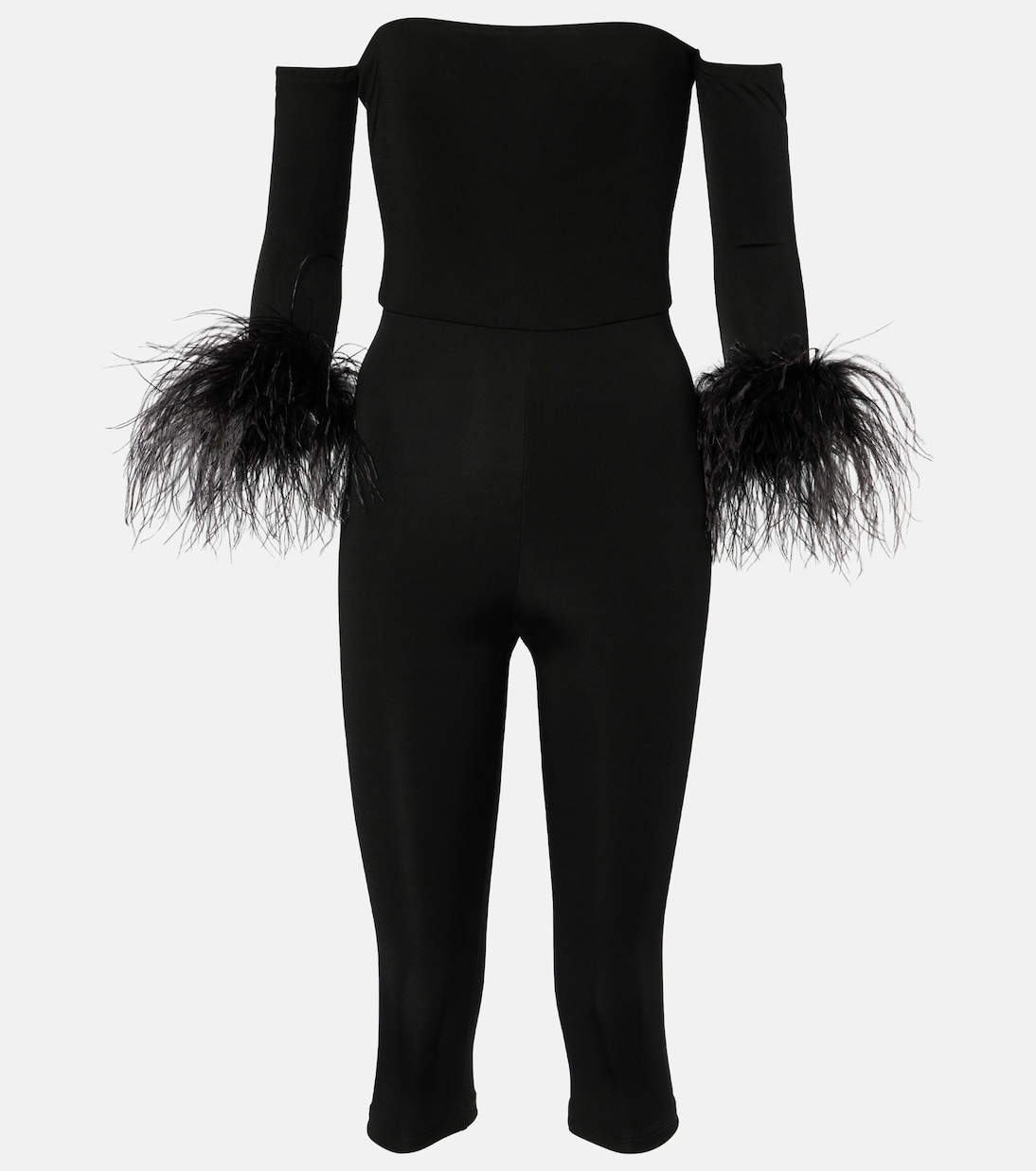 Feather-trimmed off-shoulder jumpsuit in black - The New