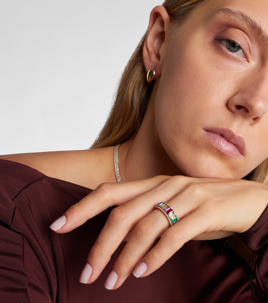 Rainbow Pavé Border Eternity 18kt gold ring with diamonds and gemstones | Shay Jewelry