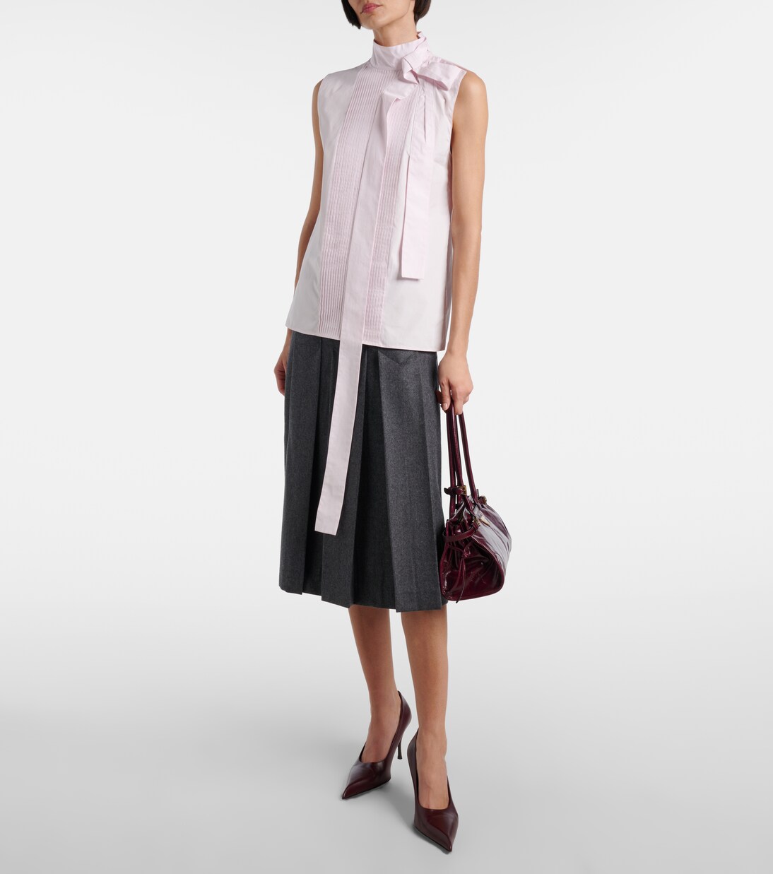 Bow-detail pleated cotton poplin top | Prada