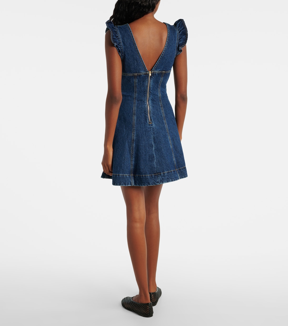 Bow-detail ruffled denim minidress | Self-Portrait