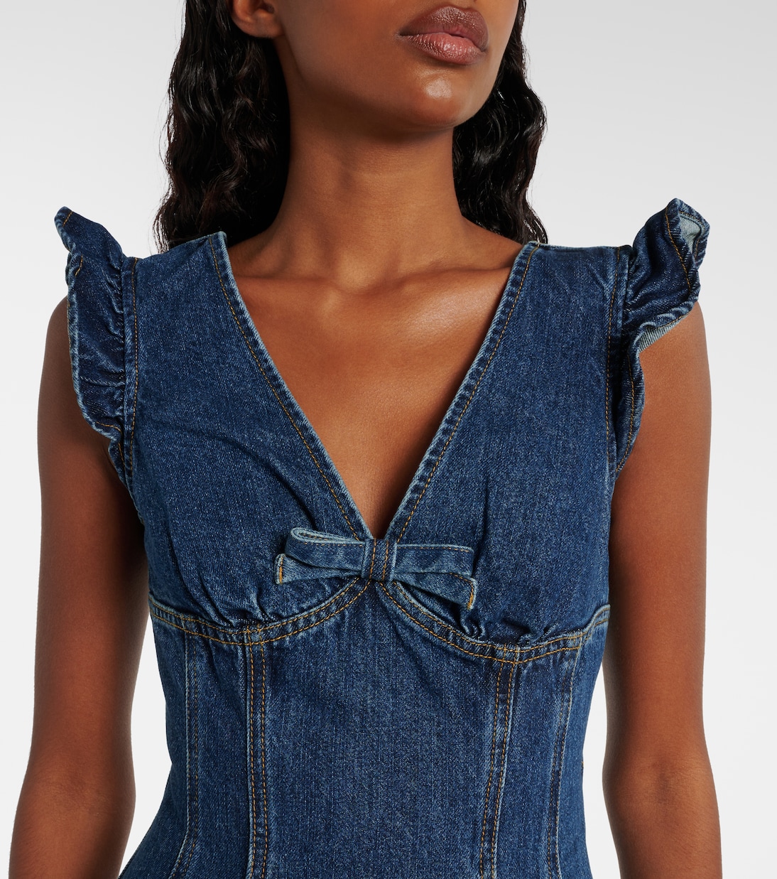 Bow-detail ruffled denim minidress | Self-Portrait
