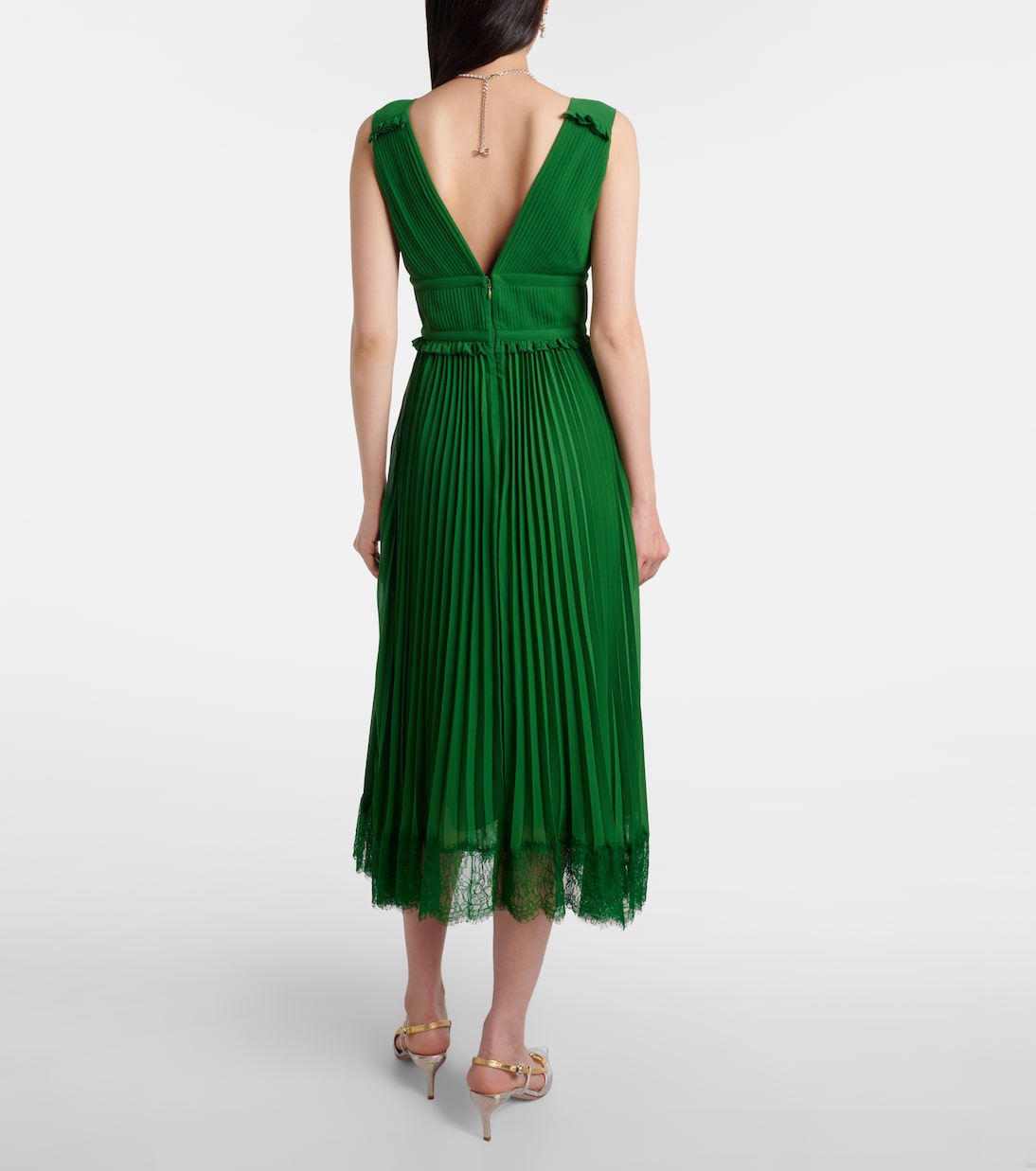 Lace-trimmed plissé chiffon midi dress | Self-Portrait