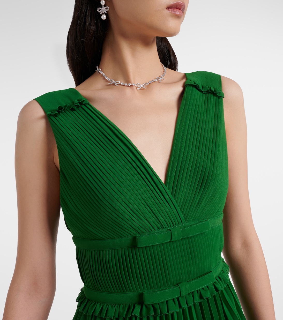 Lace-trimmed plissé chiffon midi dress | Self-Portrait