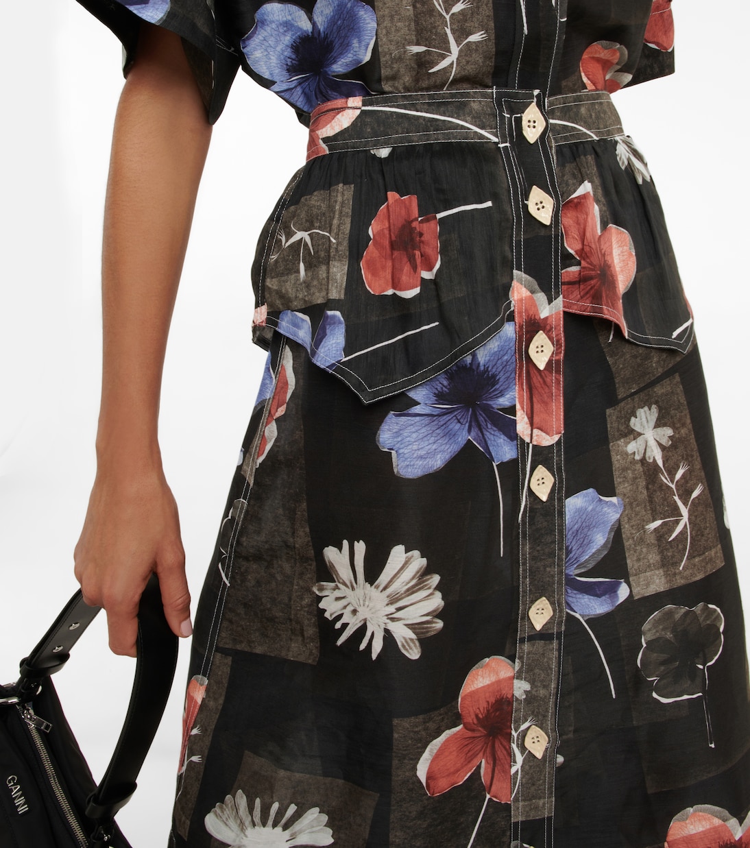 Jupe midi en soie et lin à fleurs | Ganni