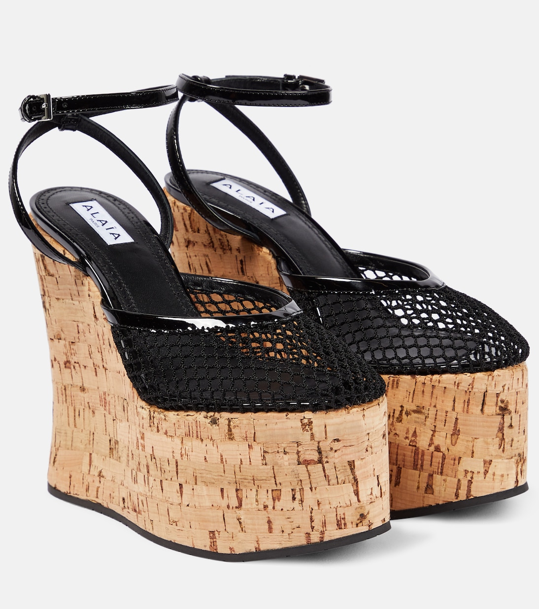 Patent leather and mesh wedge sandals | Alaïa