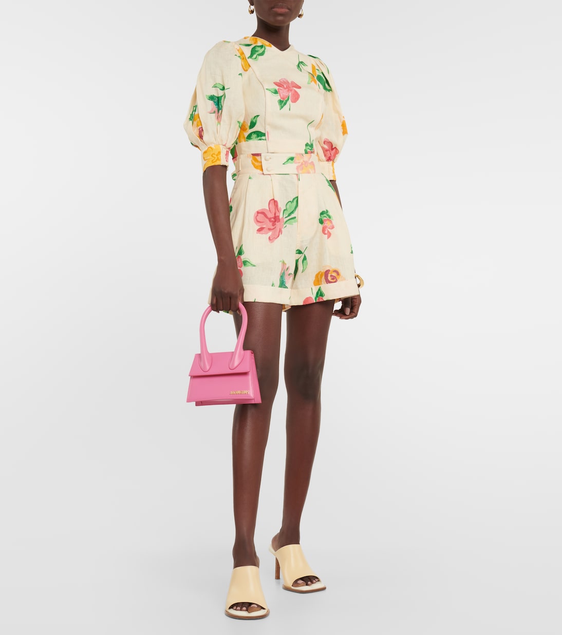 Puff-sleeve floral linen crop top | Alémais