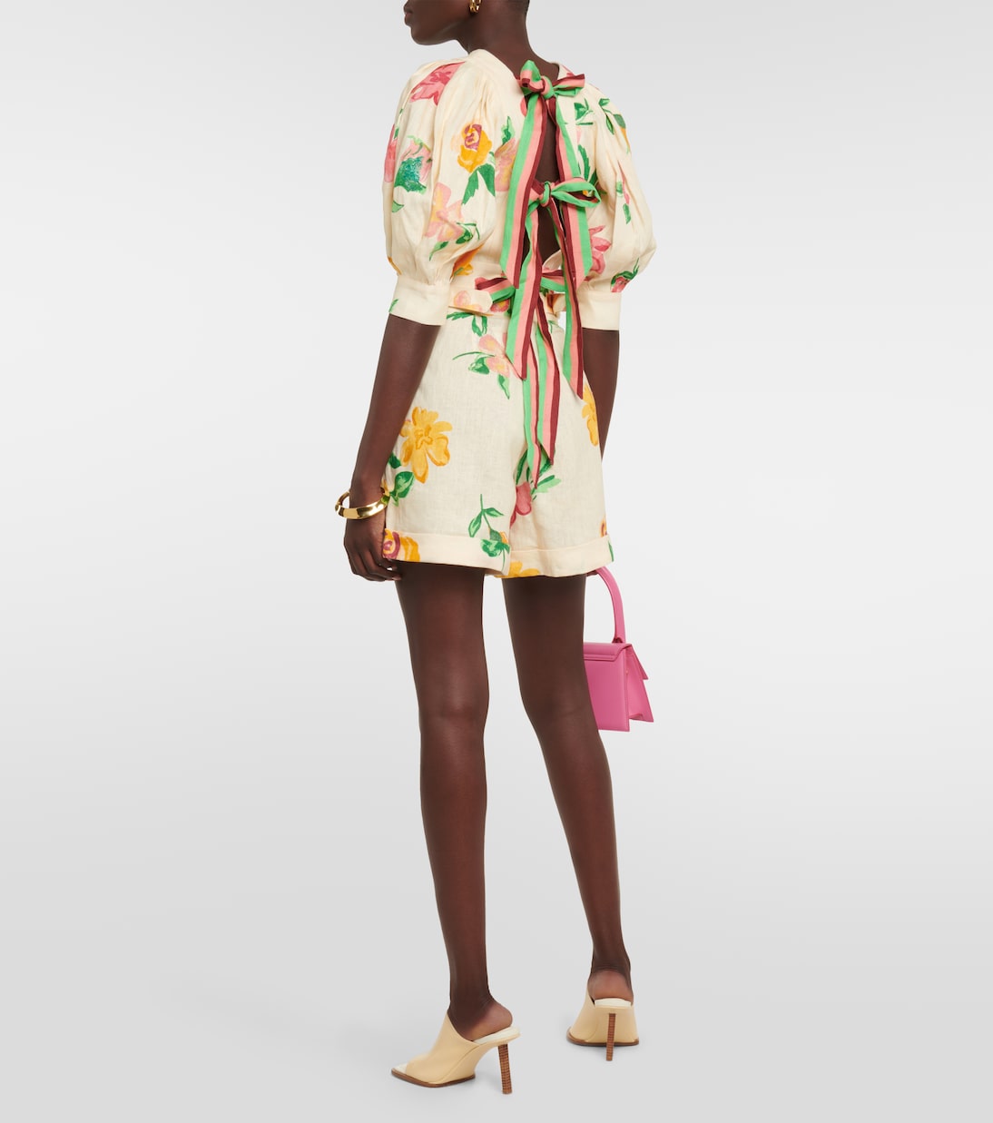 Puff-sleeve floral linen crop top | Alémais