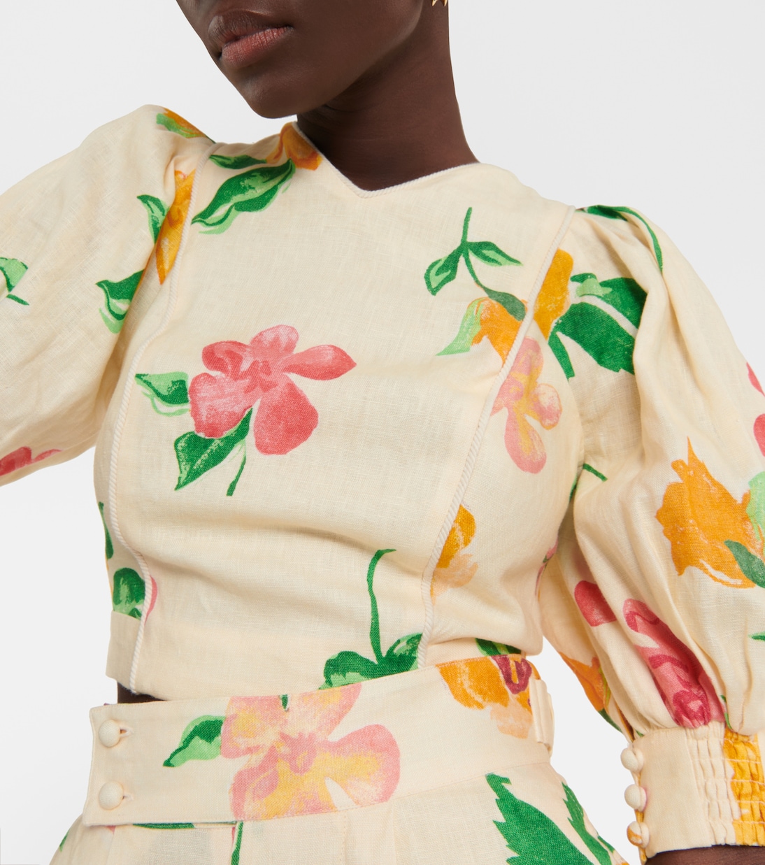 Puff-sleeve floral linen crop top | Alémais