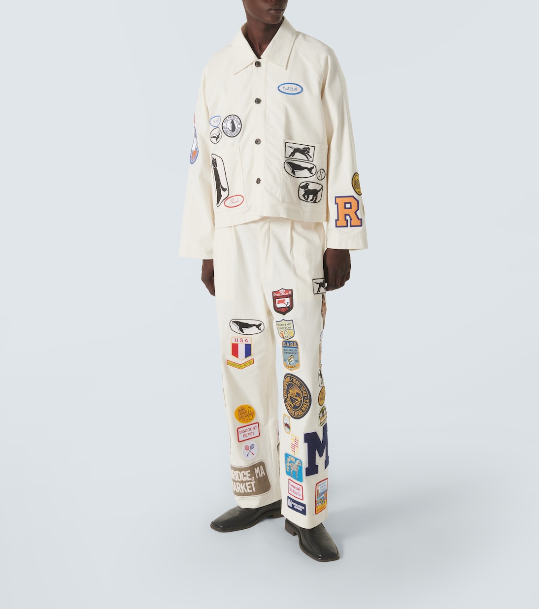 Cambridge patch-appliqué cotton canvas wide-leg pants | Bode