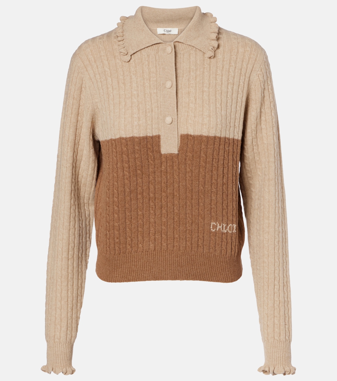 Cable-knit ruffled wool and cashmere polo sweater | Chloé
