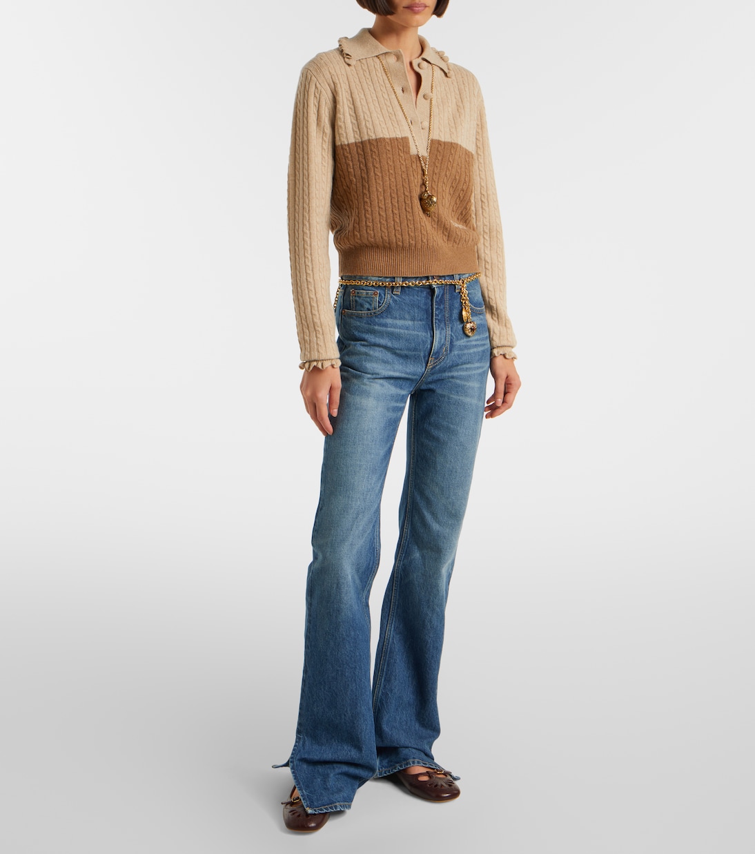 Cable-knit ruffled wool and cashmere polo sweater | Chloé