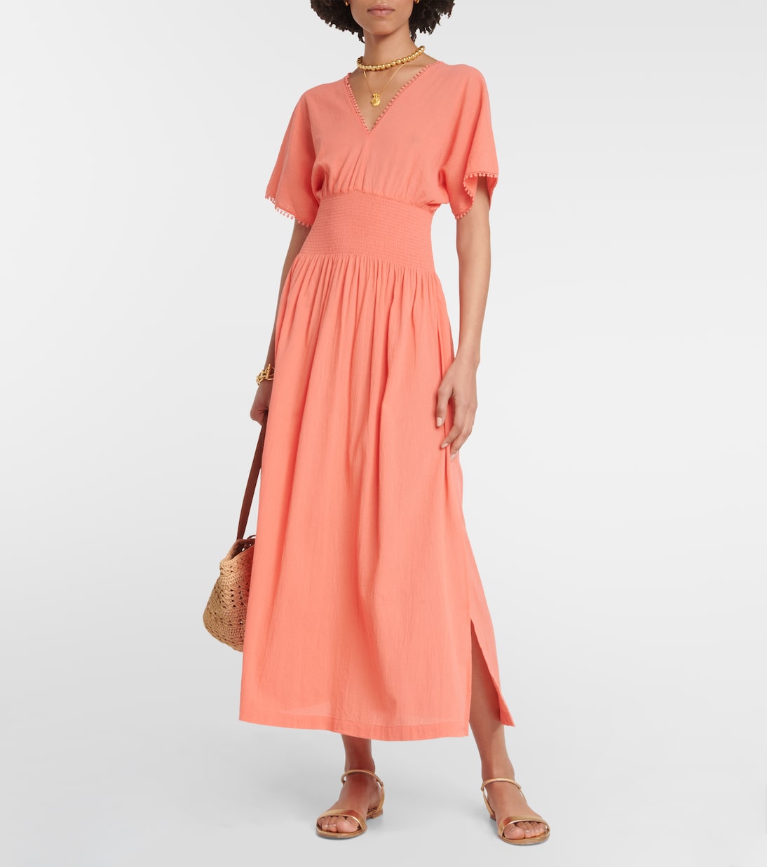 Abito lungo in cotone a punto smock | Heidi Klein