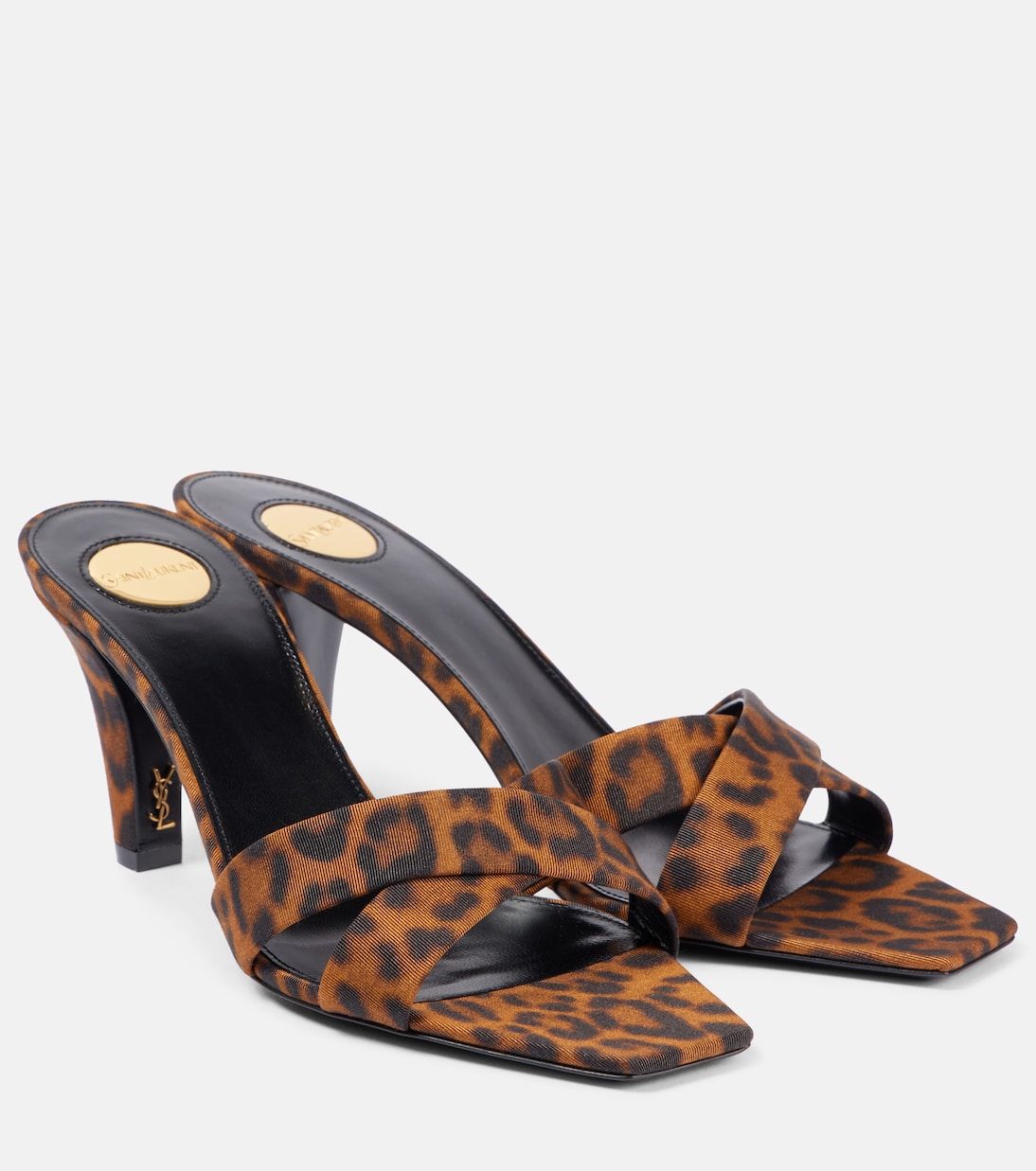 Mules Jill 75 en satin à motif léopard | Saint Laurent