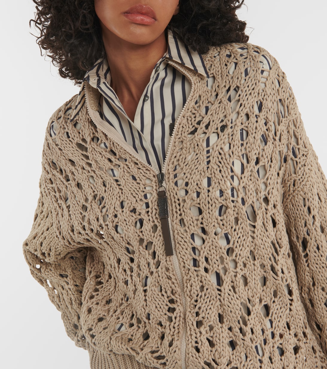 Open knit cotton cardigan in beige Brunello Cucinelli Mytheresa