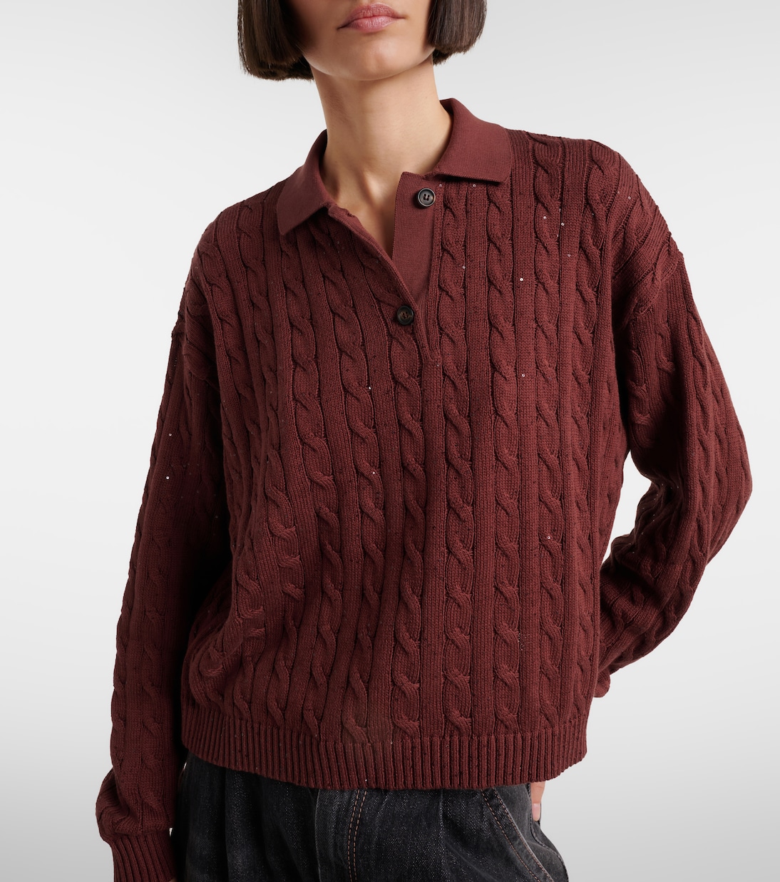 Cable-knit cotton-blend polo sweater | Brunello Cucinelli