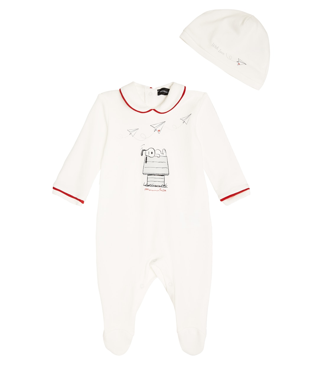 Baby Snoopy cotton onesie, beanie, and cushion cover set | Monnalisa
