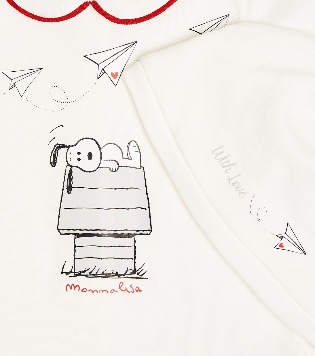 Baby Snoopy cotton onesie, beanie, and cushion cover set | Monnalisa