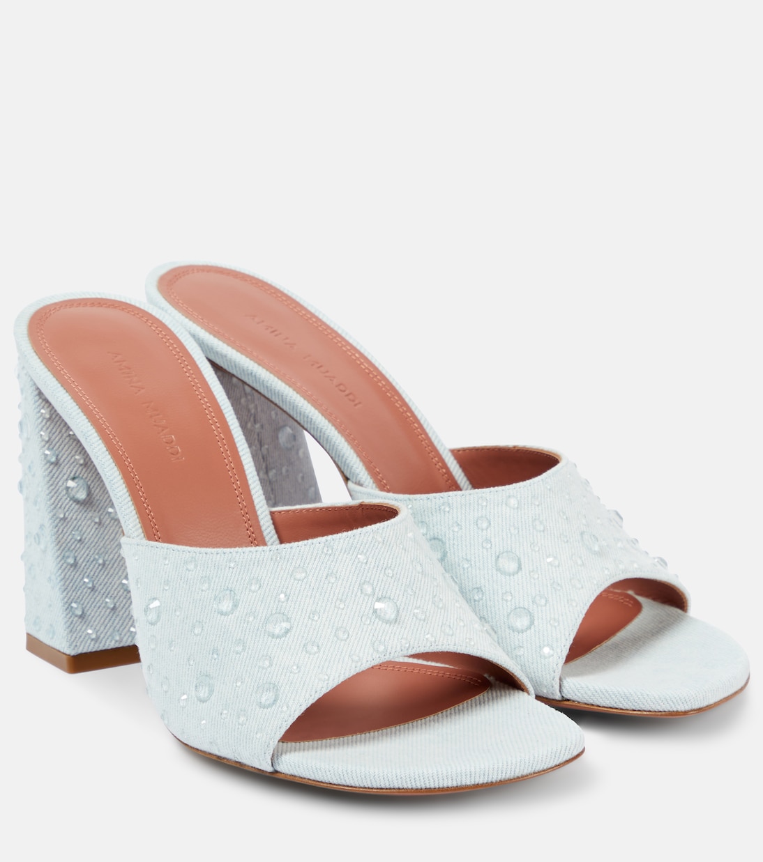 Mules Brigitte 95 de denim y piel | Amina Muaddi