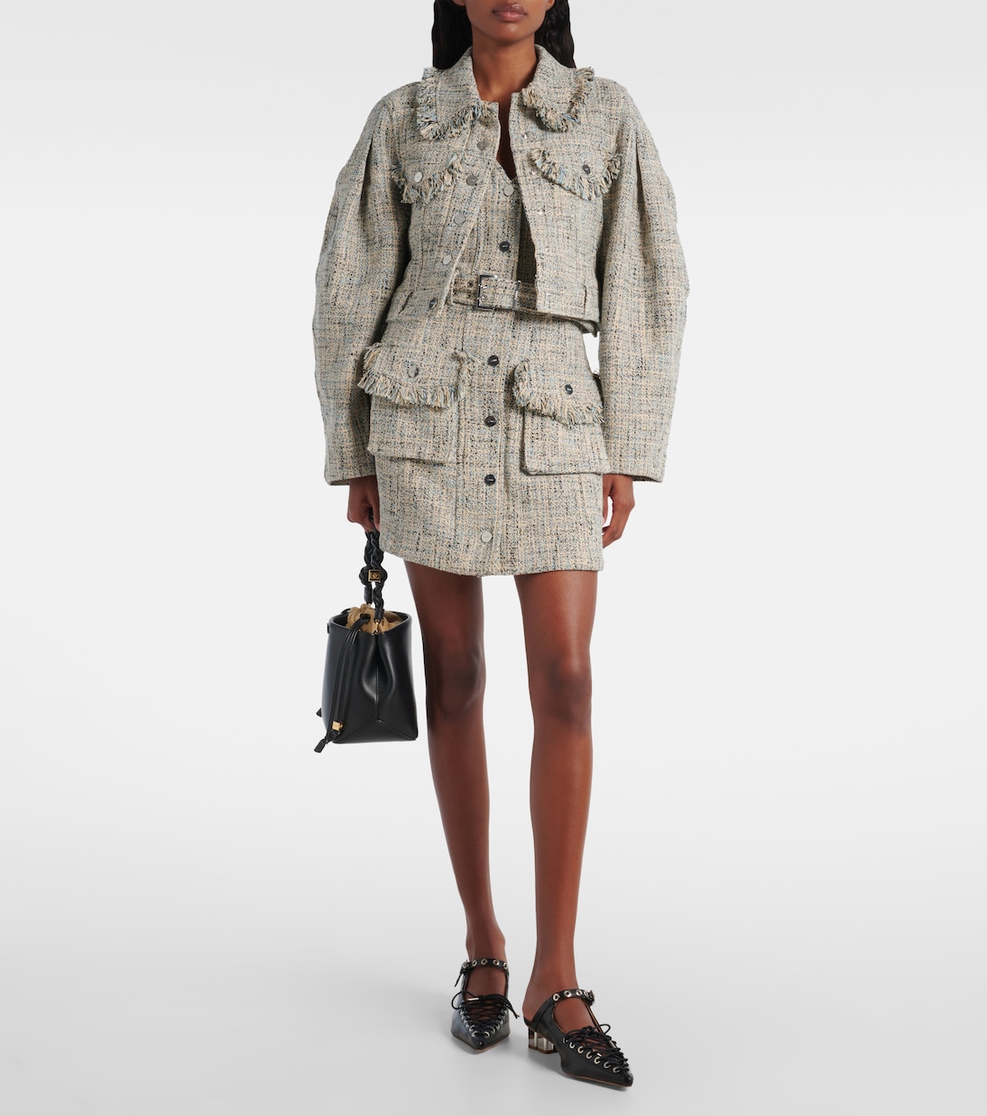 Chaqueta cropped de tweed de algodón | Ganni