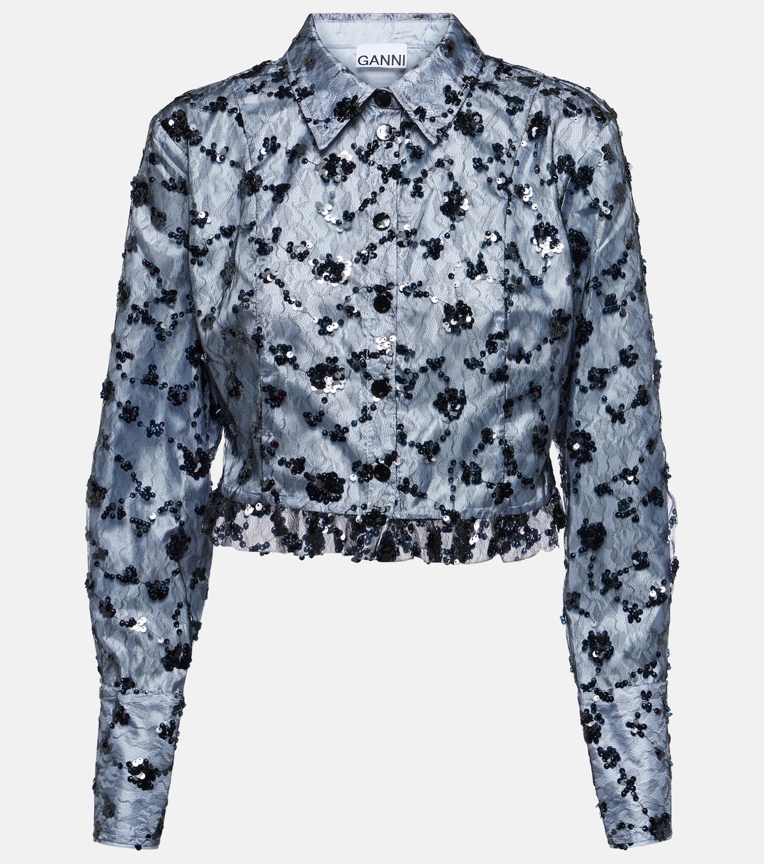 Camicia cropped in pizzo con paillettes | Ganni