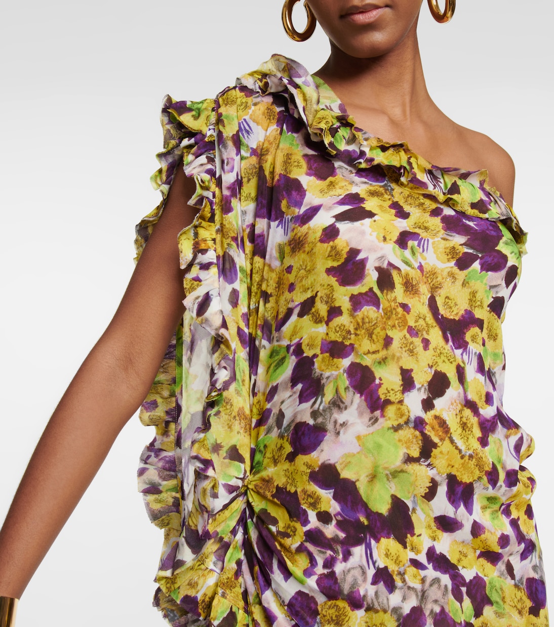 Ruffle-trimmed floral satin midi dress in multicoloured
