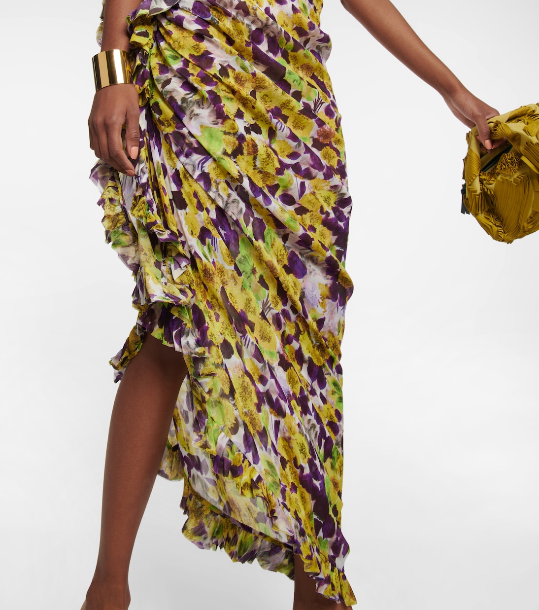Ruffle-trimmed floral satin midi dress | Dries Van Noten
