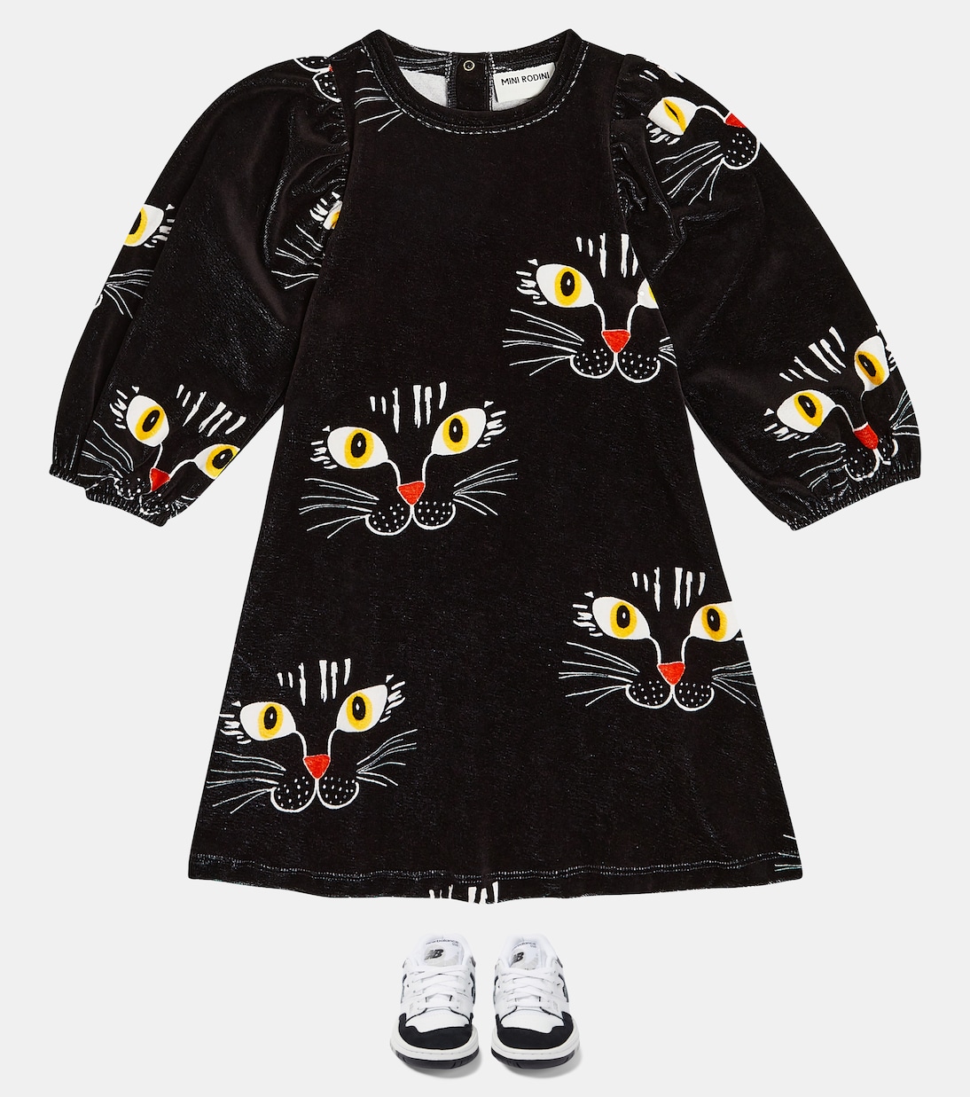 Abito Cat Face in velluto di cotone con stampa | Mini Rodini