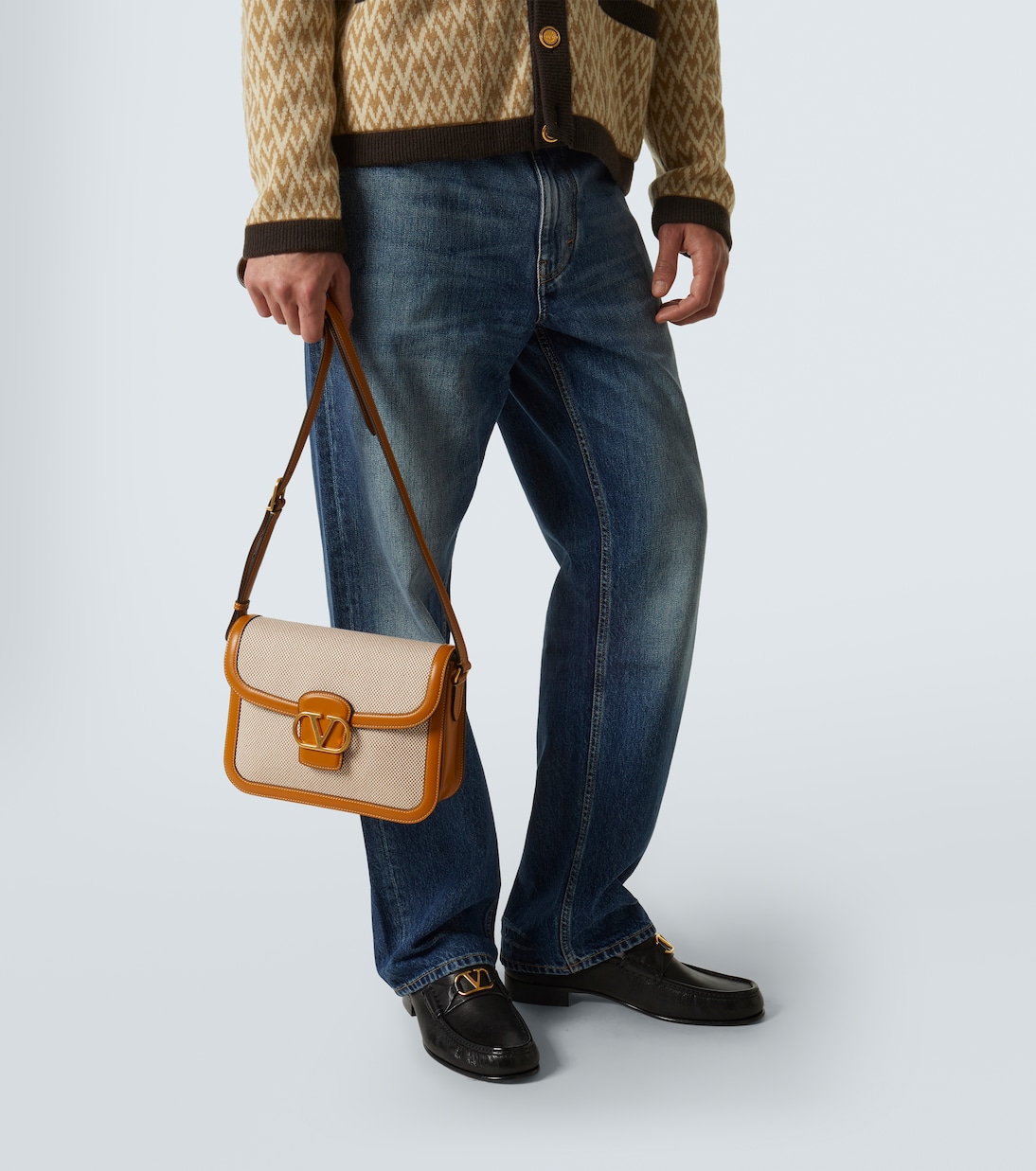 9TO5 leather-trimmed canvas shoulder bag | Valentino Garavani