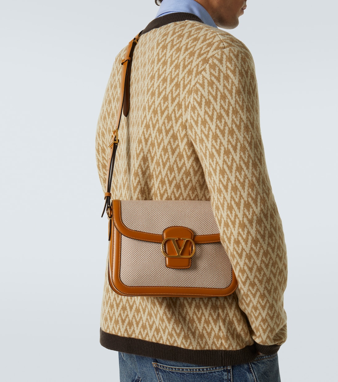 9TO5 leather-trimmed canvas shoulder bag | Valentino Garavani