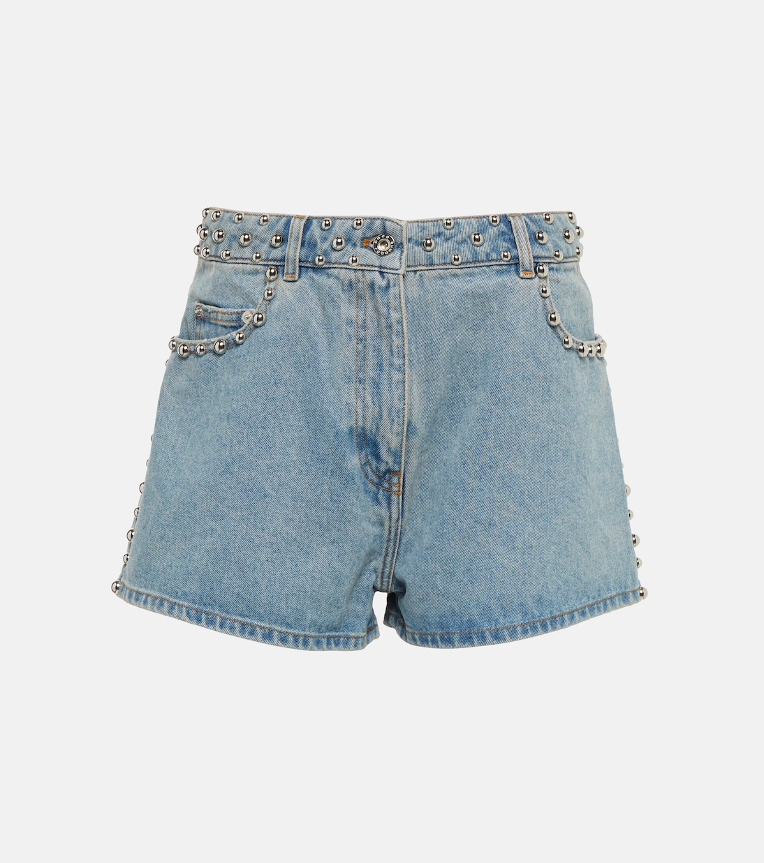 Stud-embellished high-rise jean shorts in blue - Rabanne | Mytheresa