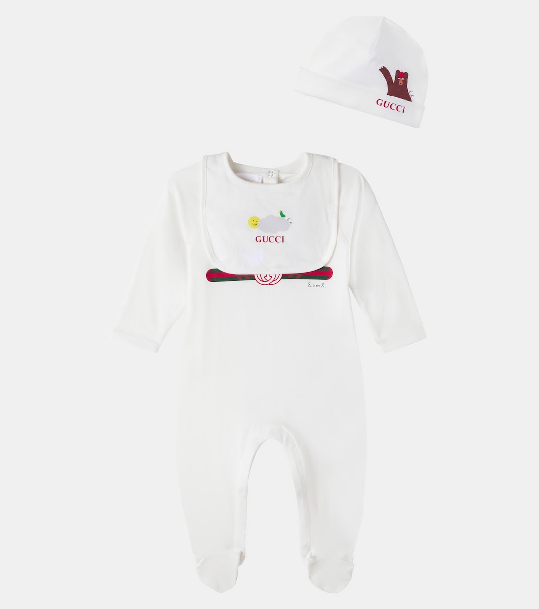 x Euan Roberts Baby cotton beanie, bib, and onesie set | Gucci Kids