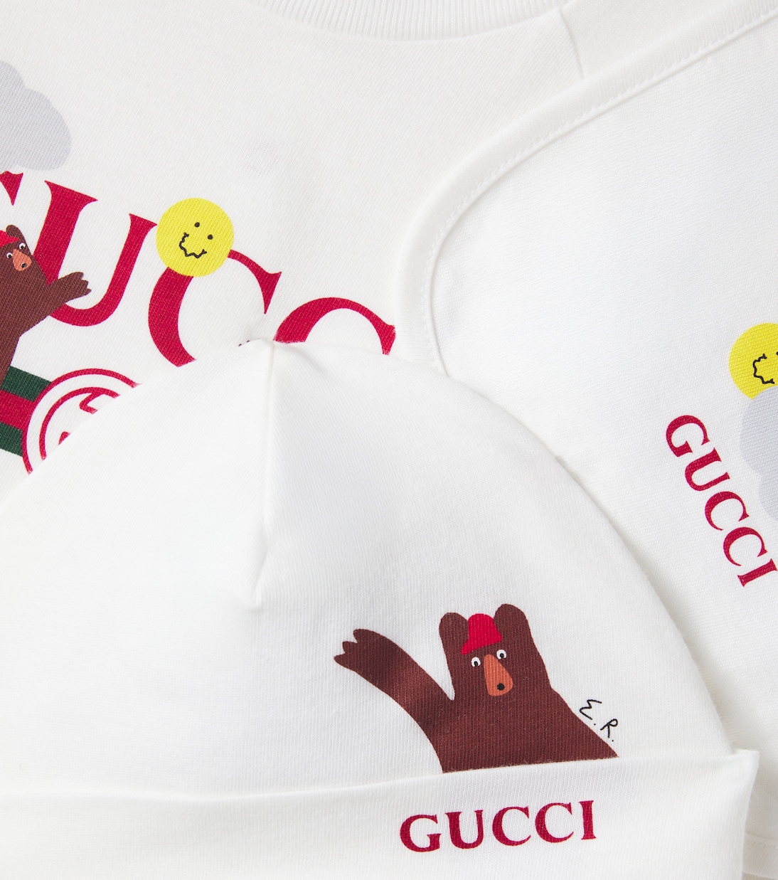 x Euan Roberts Baby cotton beanie, bib, and onesie set | Gucci Kids
