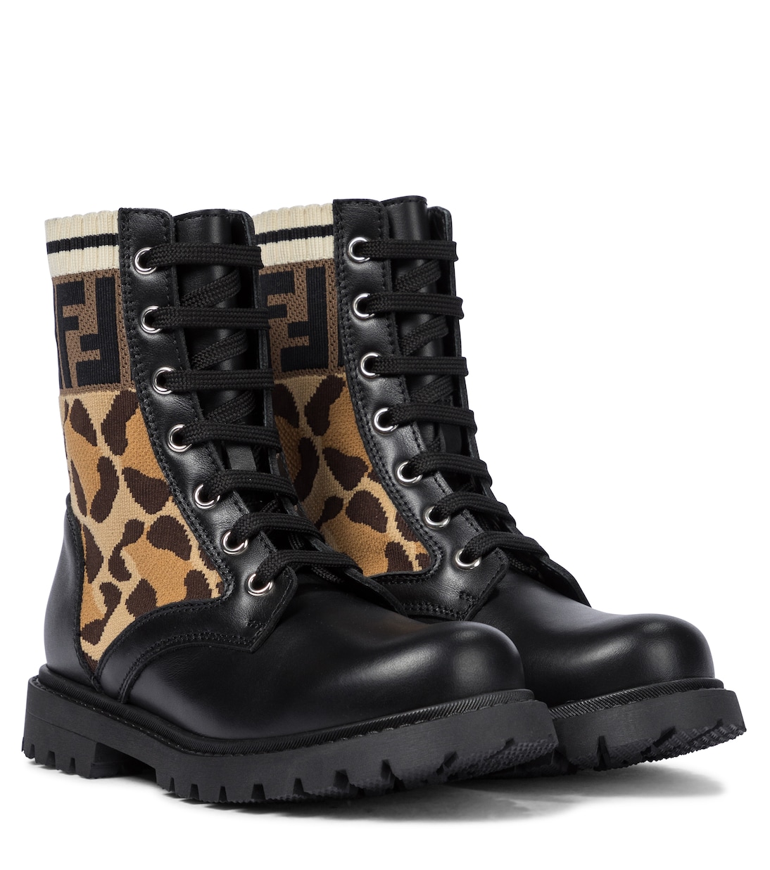 FF leopard-jacquard and leather ankle boots | Fendi Kids