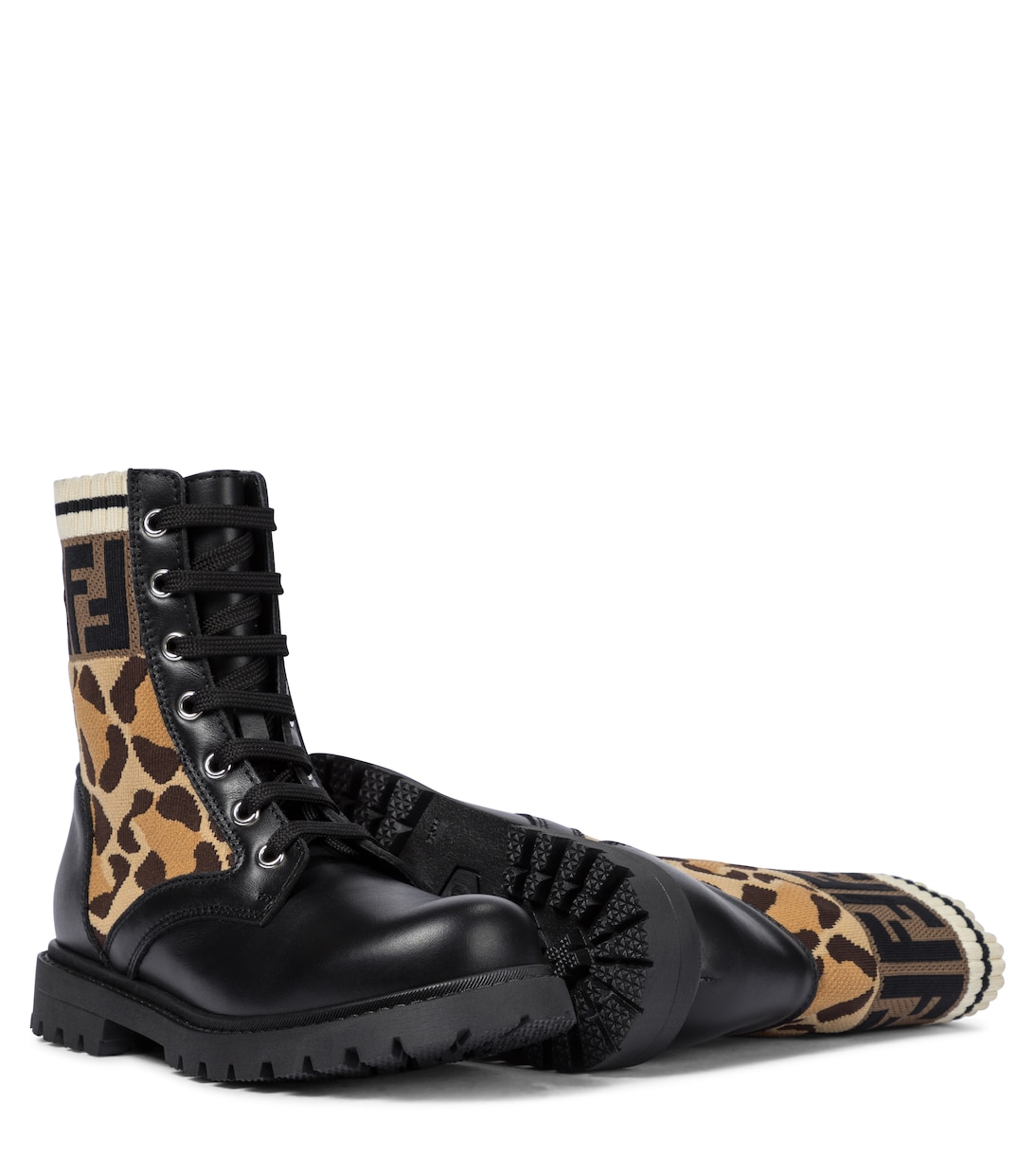 FF leopard-jacquard and leather ankle boots | Fendi Kids