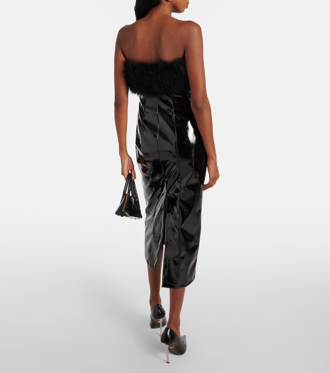 Feather-trimmed faux leather midi dress | Blumarine