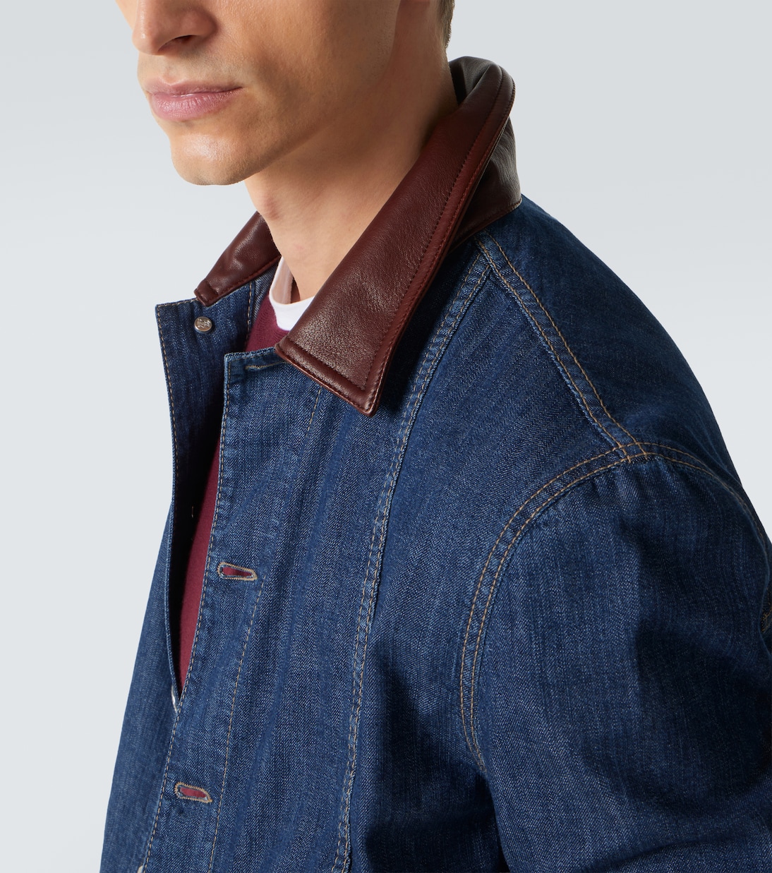 Leather-trimmed denim jacket | Brunello Cucinelli