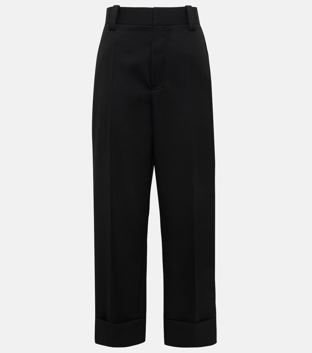 Pantalones Bottega Veneta de corte amplio y cintura media en lana, diseño moderno para jóvenes.