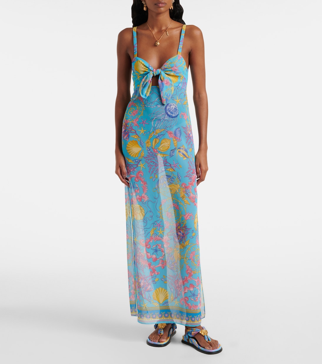 Robe longue semi-transparente imprimée | Versace