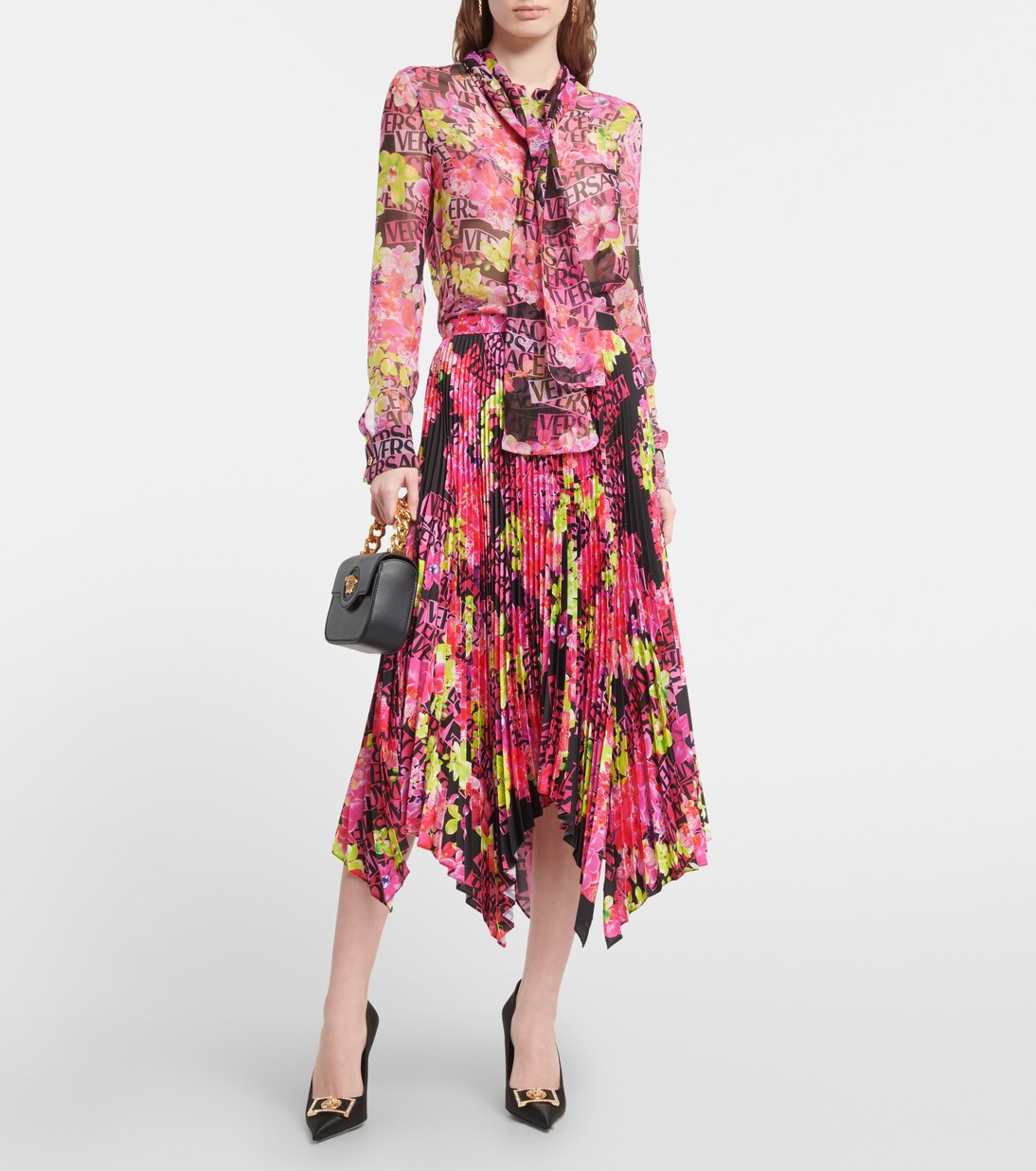 Logo Orchid pleated midi skirt | Versace
