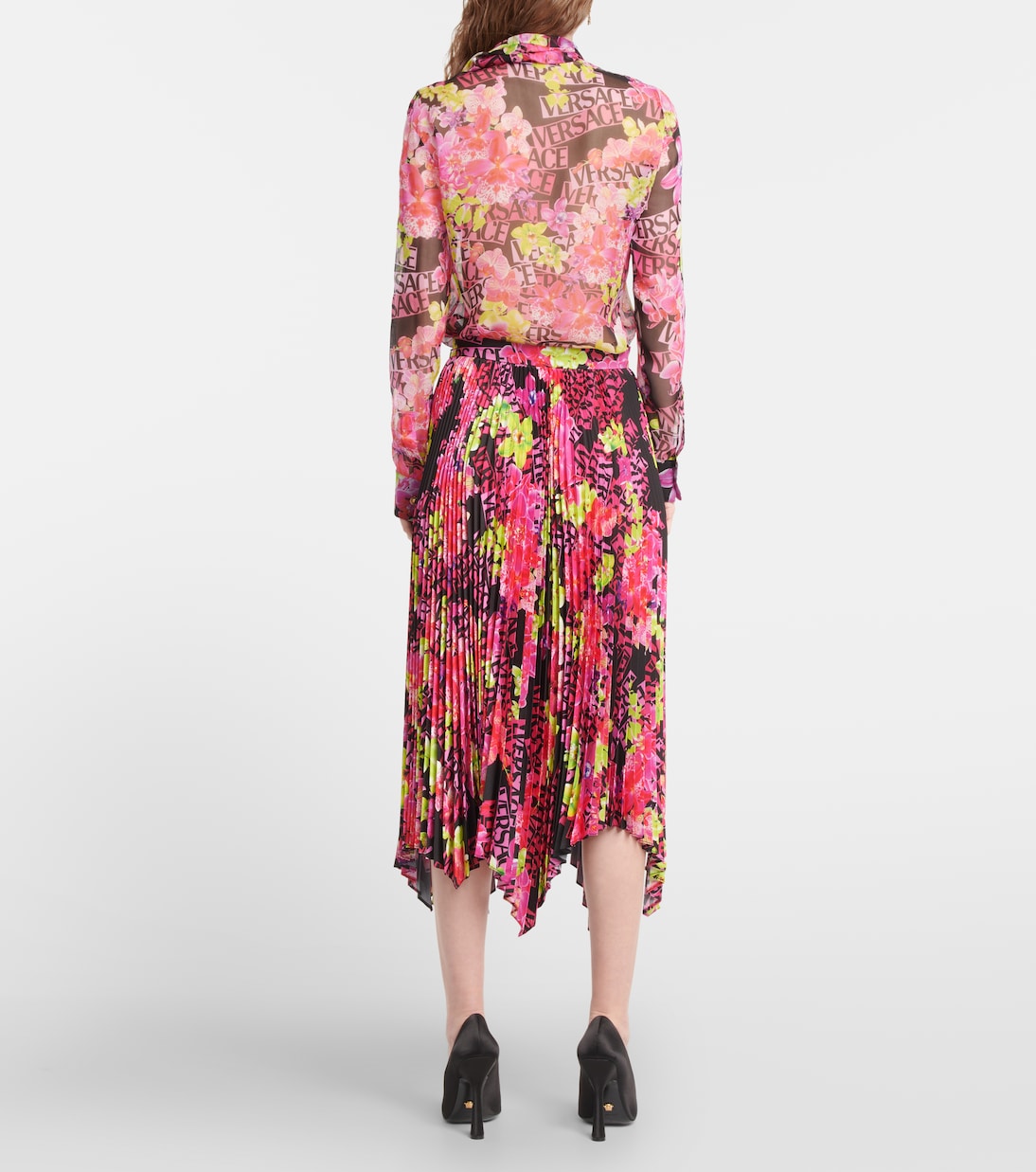 Logo Orchid pleated midi skirt | Versace