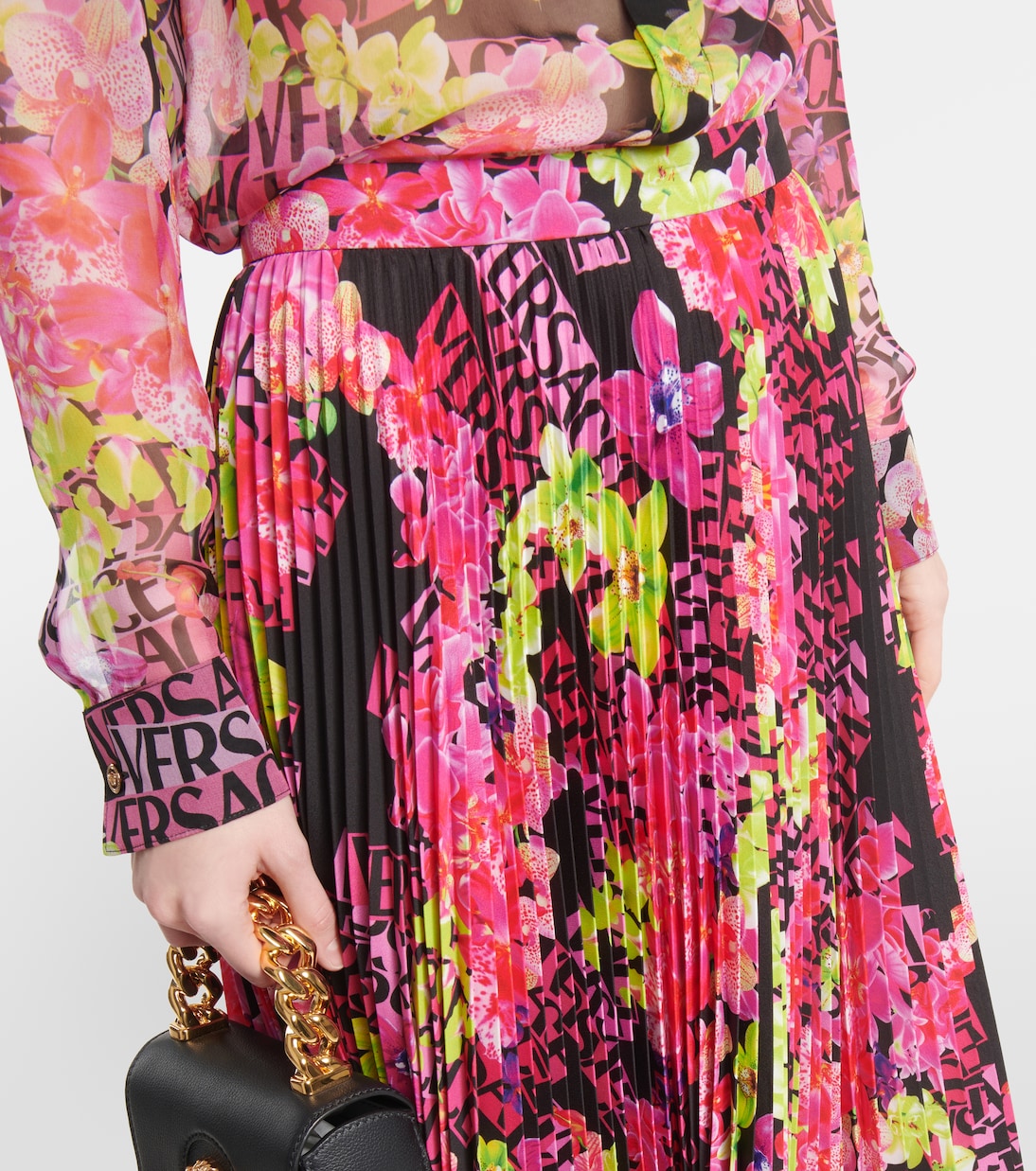 Logo Orchid pleated midi skirt | Versace
