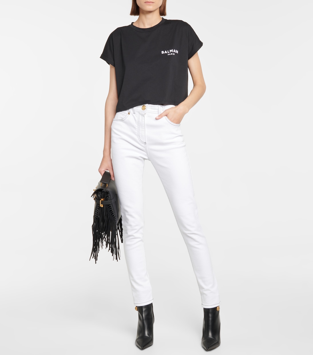 T-shirt raccourci en coton à logo | Balmain