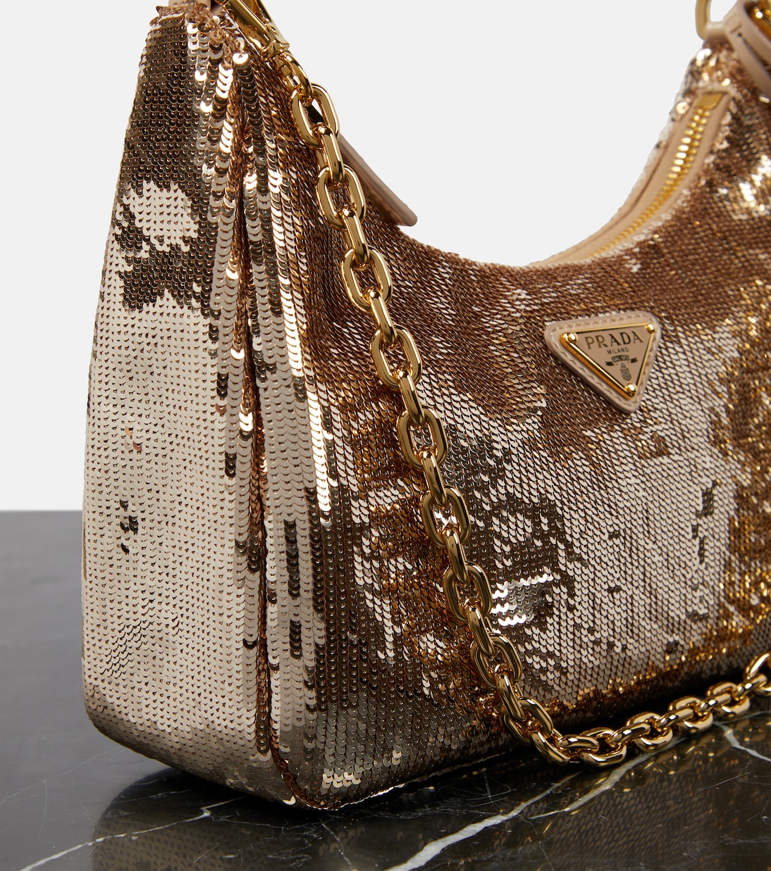 Sequined Re Nylon shoulder bag in gold Prada Mytheresa