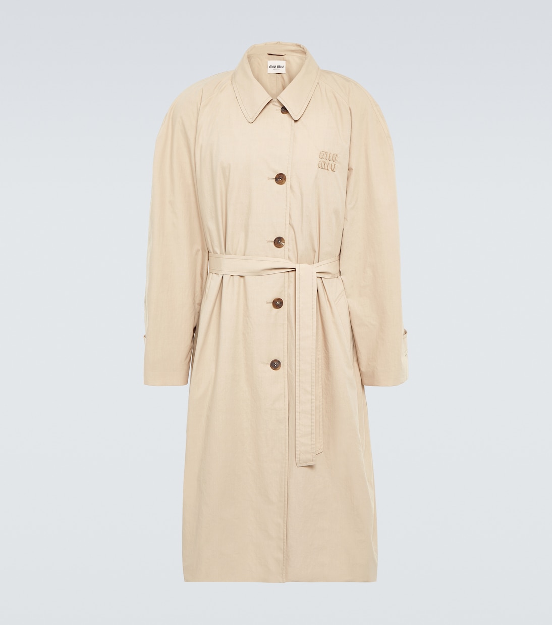 Logo cotton gabardine trench coat in beige Miu Miu Mytheresa