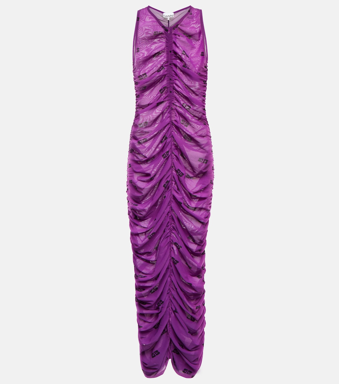 Printed ruched mesh midi dress | Ganni