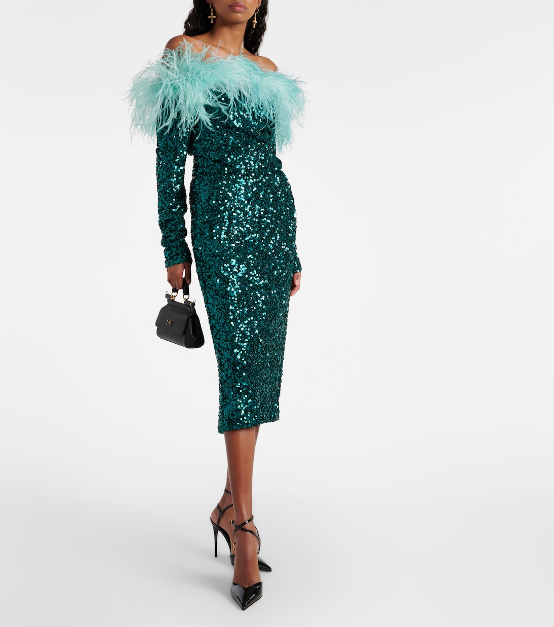 Vestido midi con lentejuelas y plumas | Dolce&Gabbana