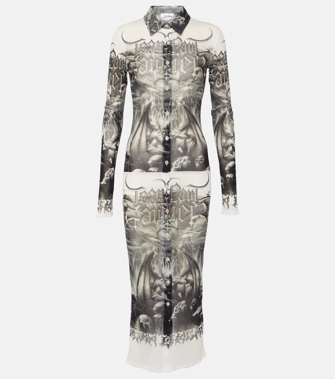 Bedrucktes Hemdblusenkleid aus Mesh | Jean Paul Gaultier