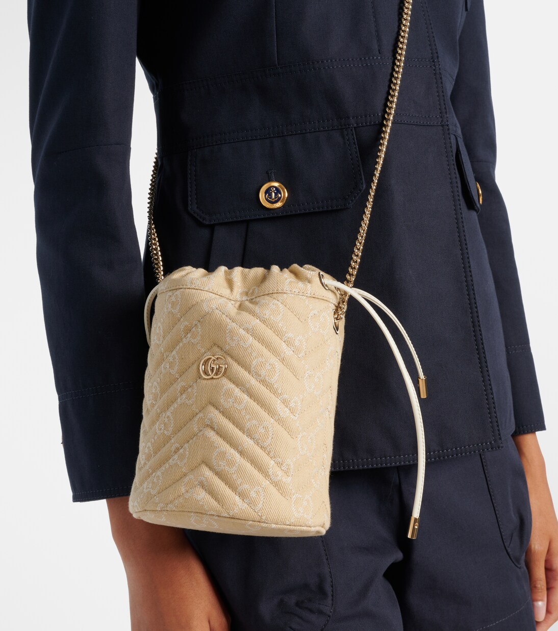 GG Marmont Mini denim bucket bag | Gucci