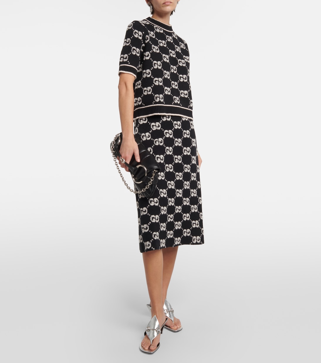 Falda Midí de Jacquard de Lana Bouclé con Estilo Gucci GG