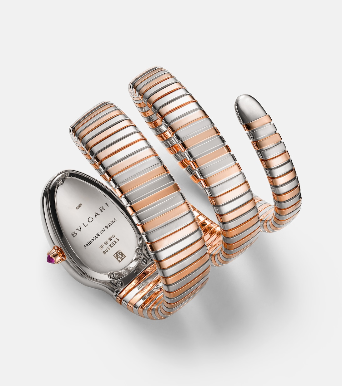 Orologio Serpenti Tubogas in oro rosa 18kt e acciaio inossidabile con diamanti e rubellite | Bvlgari